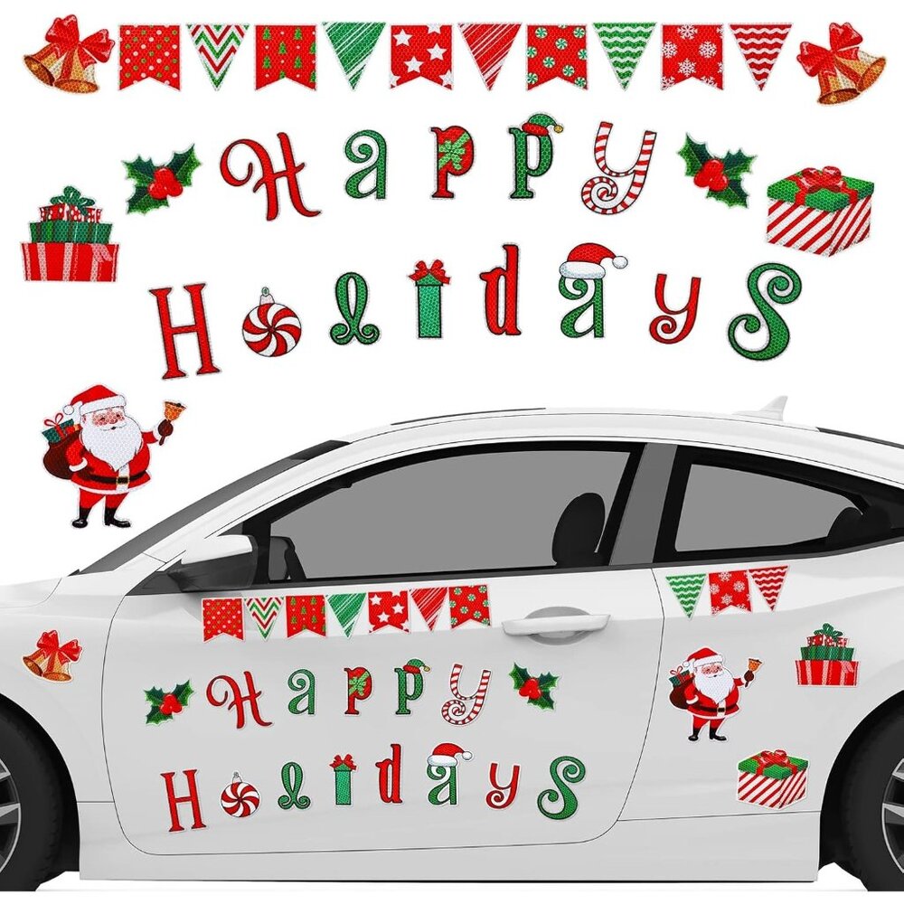 30Pcs Christmas Reflective Car Magnet Set Happy Holiday Letter Refrigerator Magn